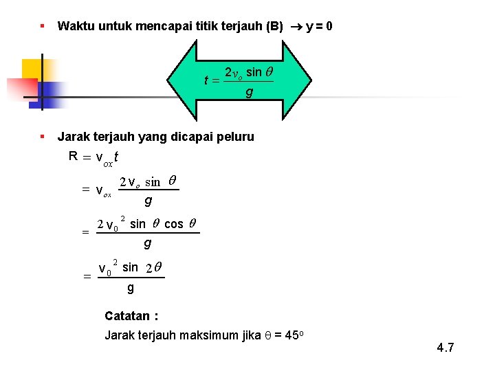 § Waktu untuk mencapai titik terjauh (B) y = 0 t= § 2 vo
