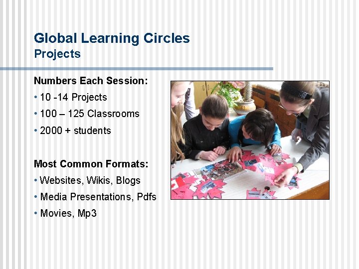 Global Learning Circles Projects Numbers Each Session: • 10 -14 Projects • 100 –