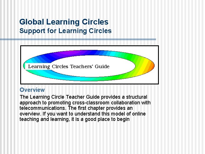 Global Learning Circles Support for Learning Circles Overview The Learning Circle Teacher Guide provides