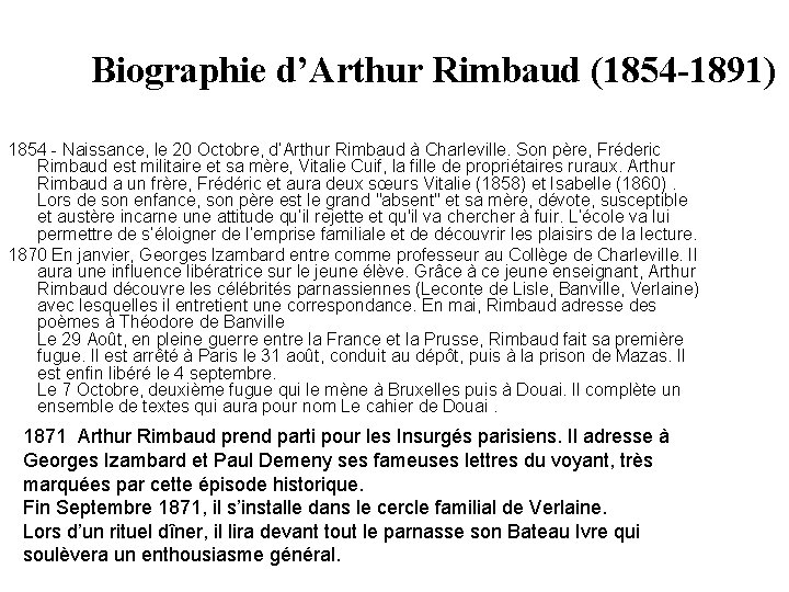Biographie d’Arthur Rimbaud (1854 -1891) 1854 - Naissance, le 20 Octobre, d’Arthur Rimbaud à