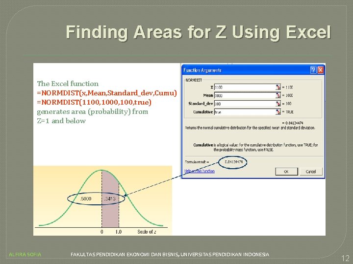 Finding Areas for Z Using Excel The Excel function =NORMDIST(x, Mean, Standard_dev, Cumu) =NORMDIST(1100,