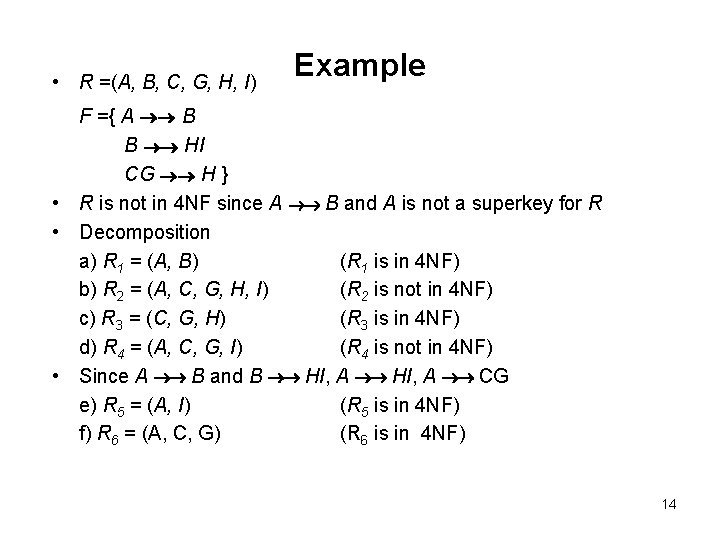  • R =(A, B, C, G, H, I) Example F ={ A B