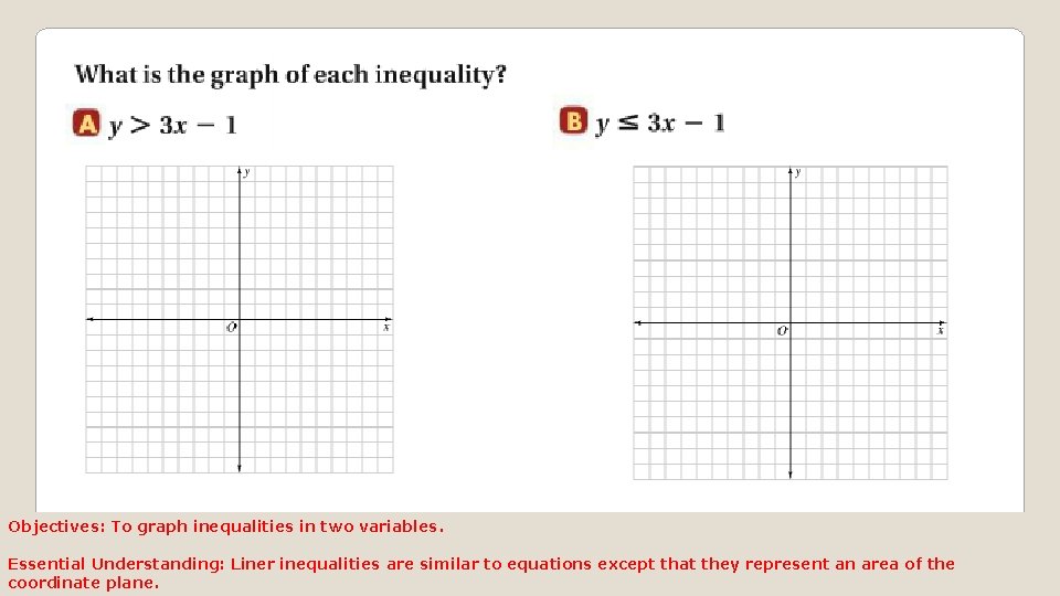 Objectives: To graph inequalities in two variables. Essential Understanding: Liner inequalities are similar to