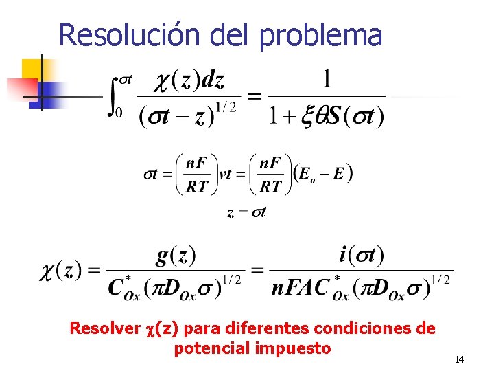 Resolución del problema Resolver c(z) para diferentes condiciones de potencial impuesto 14 