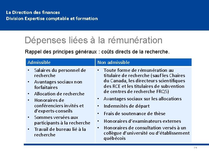 La Direction des finances Division Expertise comptable et formation Dépenses liées à la rémunération
