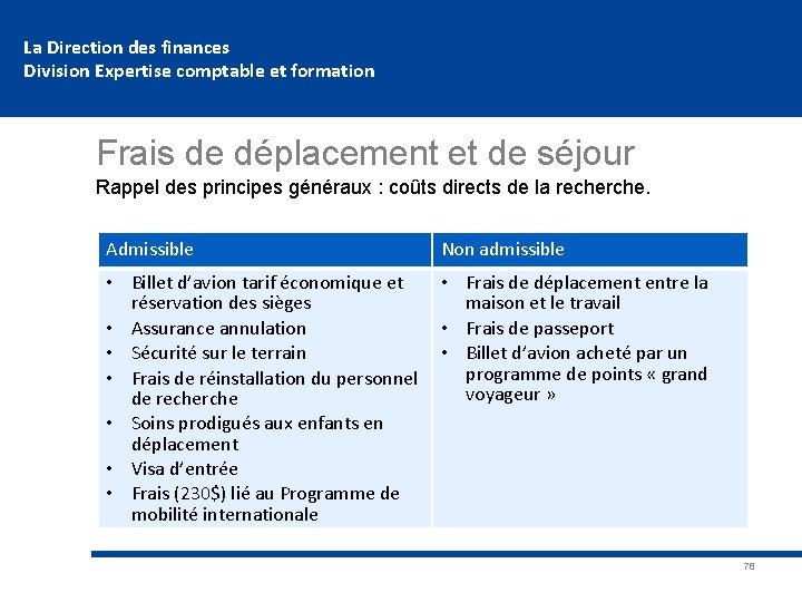La Direction des finances Division Expertise comptable et formation Frais de déplacement et de