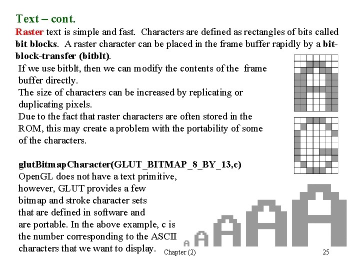 Text – cont. Raster text is simple and fast. Characters are defined as rectangles