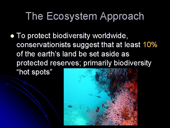 The Ecosystem Approach l To protect biodiversity worldwide, conservationists suggest that at least 10%