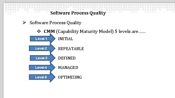 Software Process Quality Ø Software Process Quality v CMM (Capability Maturity Model) 5 levels