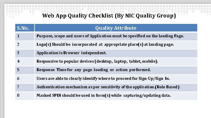 Web App Quality Checklist (By NIC Quality Group) S. No. Quality Attribute 1 Purpose,