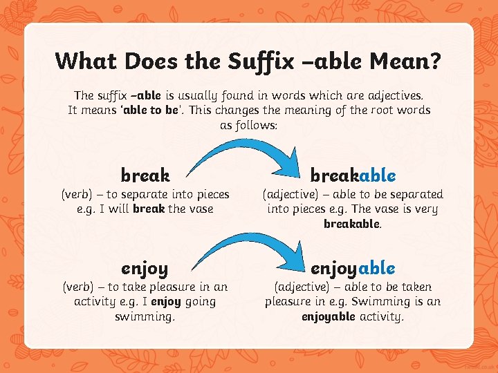 What Does the Suffix –able Mean? The suffix –able is usually found in words