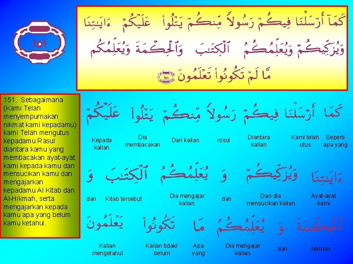 151. Sebagaimana (Kami Telah menyempurnakan nikmat kami kepadamu) kami Telah mengutus kepadamu Rasul diantara