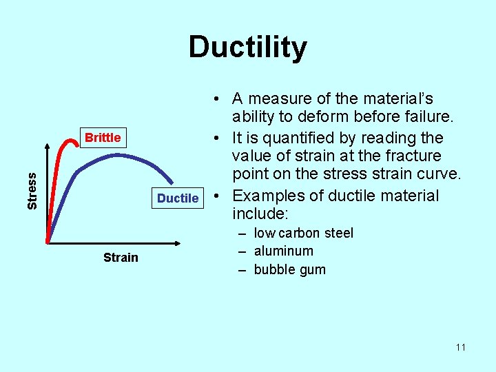 Ductility Stress Brittle Ductile Strain • A measure of the material’s ability to deform