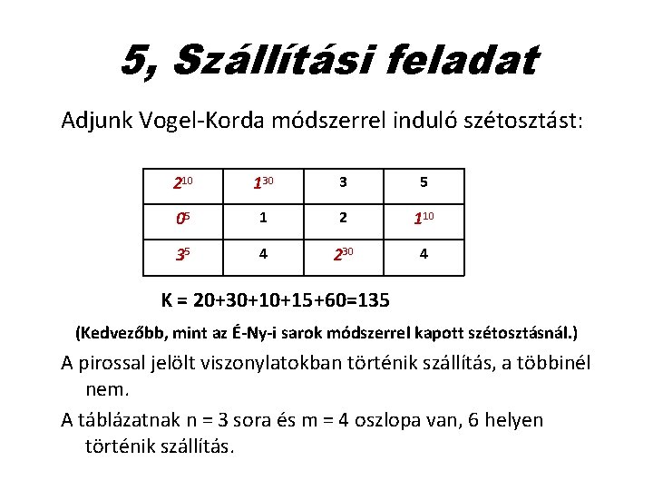 5, Szállítási feladat Adjunk Vogel-Korda módszerrel induló szétosztást: 210 130 3 5 05 1