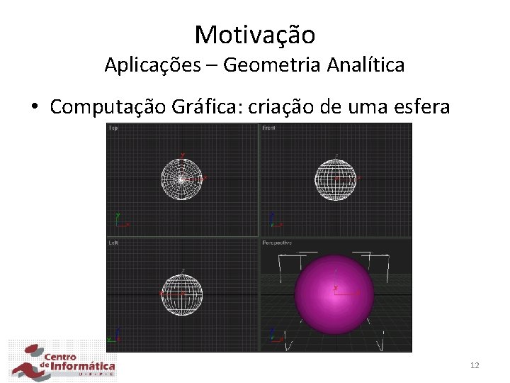 Motivação Aplicações – Geometria Analítica • Computação Gráfica: criação de uma esfera 12 