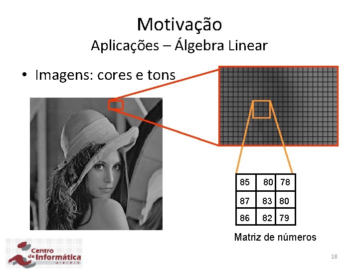 Motivação Aplicações – Álgebra Linear • Imagens: cores e tons 85 80 78 87