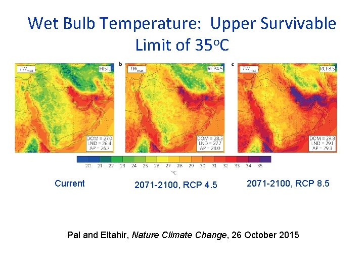 Wet Bulb Temperature: Upper Survivable Limit of 35 o. C Current 2071 -2100, RCP