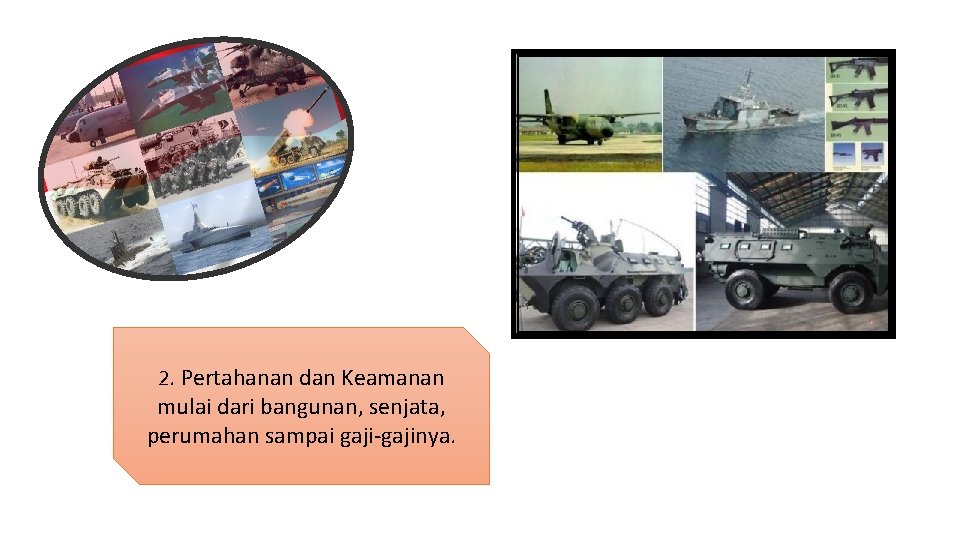 2. Pertahanan dan Keamanan mulai dari bangunan, senjata, perumahan sampai gaji-gajinya. 