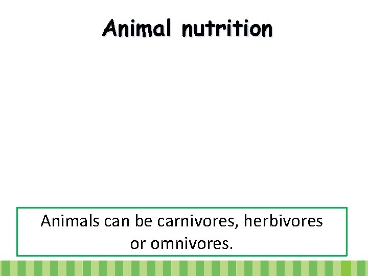 Animal nutrition Animals can be carnivores, herbivores or omnivores. 