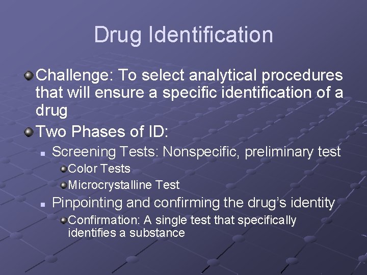 Drug Identification Challenge: To select analytical procedures that will ensure a specific identification of