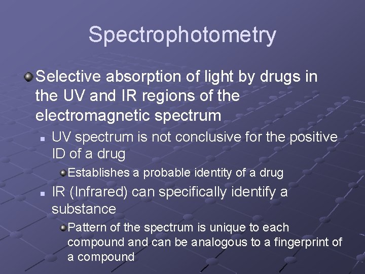 Spectrophotometry Selective absorption of light by drugs in the UV and IR regions of