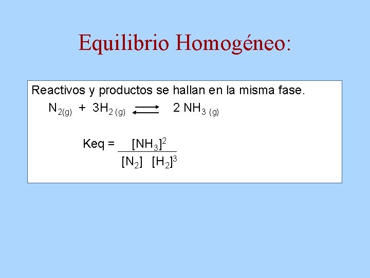 Equilibrio Homogéneo: Reactivos y productos se hallan en la misma fase. N 2(g) +