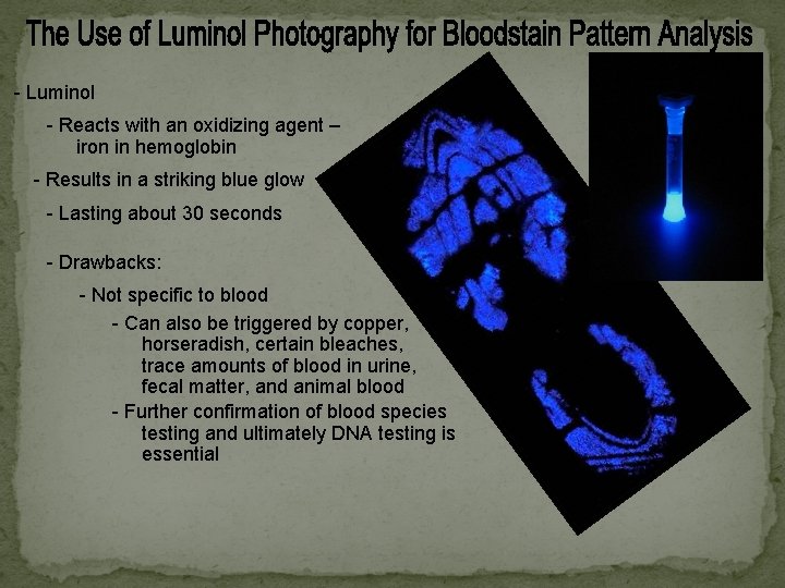 - Luminol - Reacts with an oxidizing agent – iron in hemoglobin - Results