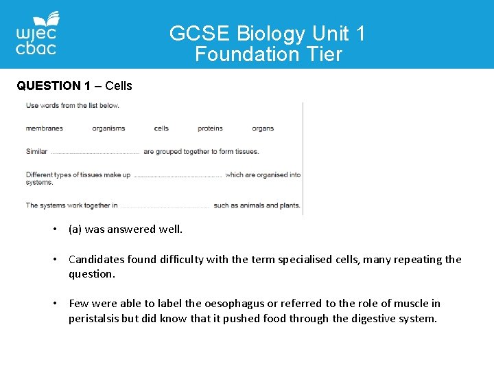GCSE Biology Unit 1 Foundation Tier QUESTION 1 – Cells • (a) was answered