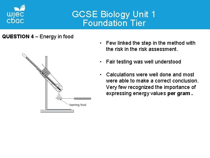 GCSE Biology Unit 1 Foundation Tier QUESTION 4 – Energy in food • Few