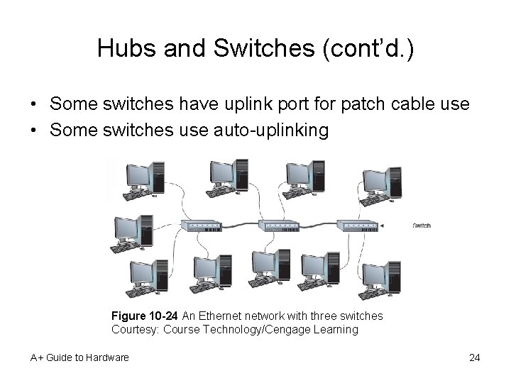 Hubs and Switches (cont’d. ) • Some switches have uplink port for patch cable