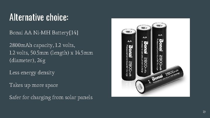 Alternative choice: Bonai AA Ni-MH Battery[14] 2800 m. Ah capacity, 1. 2 volts, 50.
