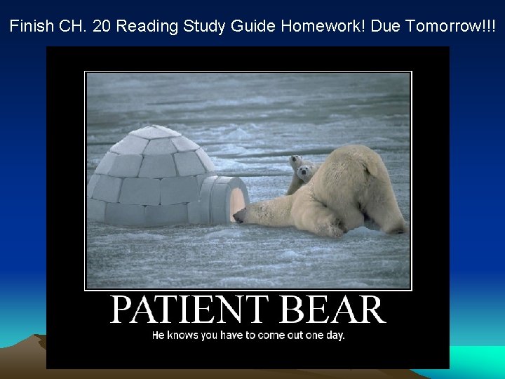 Finish CH. 20 Reading Study Guide Homework! Due Tomorrow!!! 