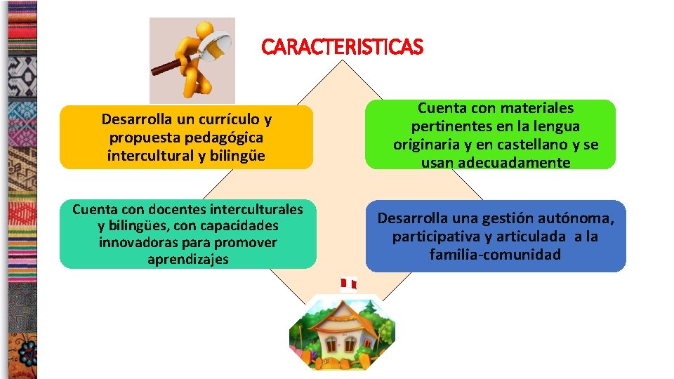 CARACTERISTICAS Desarrolla un currículo y propuesta pedagógica intercultural y bilingüe Cuenta con materiales pertinentes