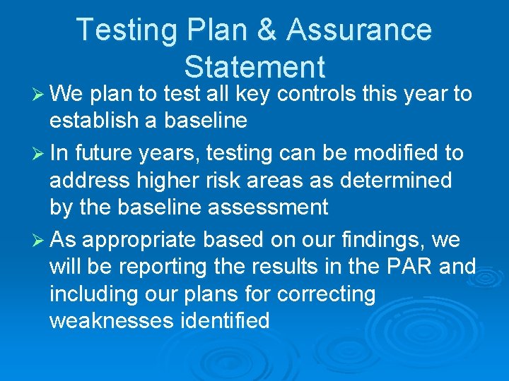 Testing Plan & Assurance Statement Ø We plan to test all key controls this