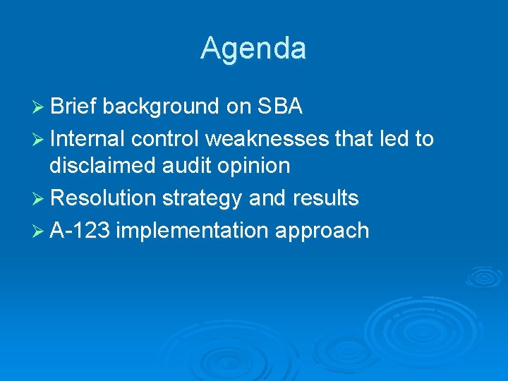 Agenda Ø Brief background on SBA Ø Internal control weaknesses that led to disclaimed