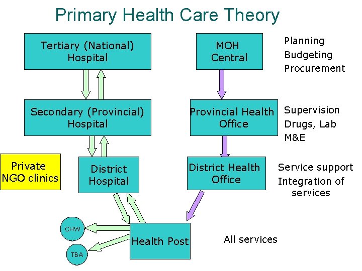 Primary Health Care Theory Tertiary (National) Hospital MOH Central Planning Budgeting Procurement Provincial Health