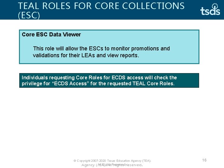 TEAL ROLES FOR CORE COLLECTIONS (ESC) Core ESC Data Viewer This role will allow