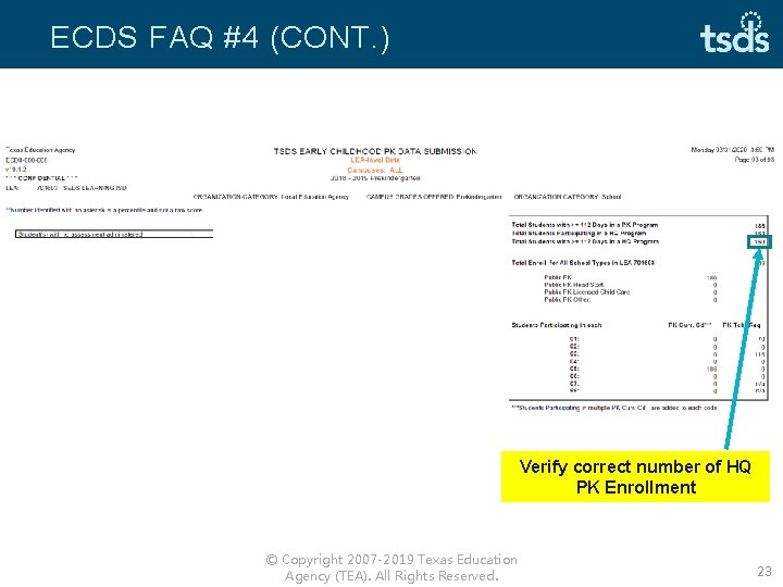 ECDS FAQ #4 (CONT. ) Verify correct number of HQ PK Enrollment © Copyright