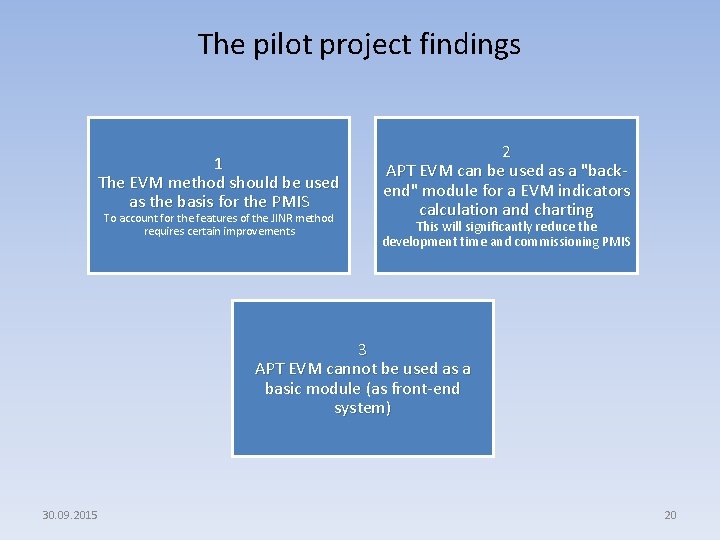 The pilot project findings 1 The EVM method should be used as the basis