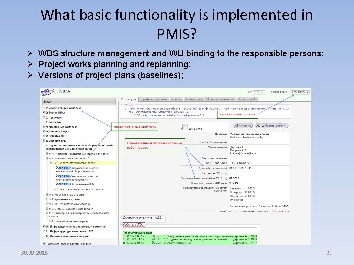 What basic functionality is implemented in PMIS? Ø WBS structure management and WU binding