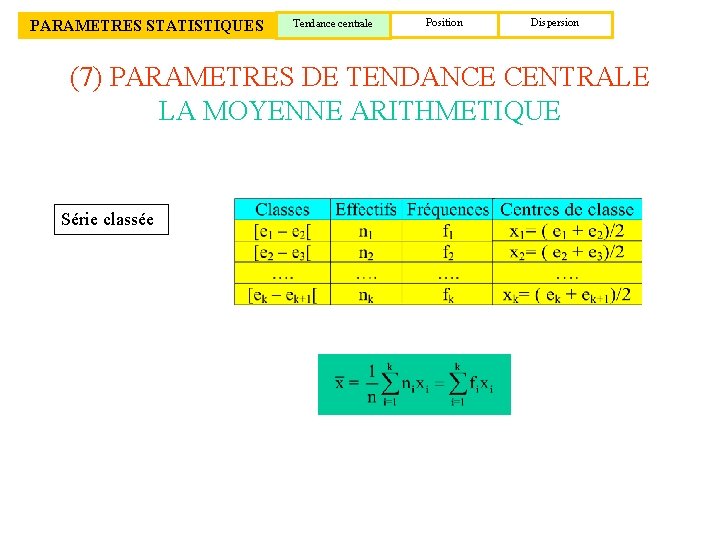 PARAMETRES STATISTIQUES Tendance centrale Position Dispersion (7) PARAMETRES DE TENDANCE CENTRALE LA MOYENNE ARITHMETIQUE