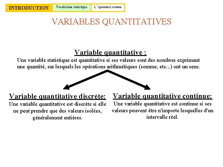 INTRODUCTION Vocabulaire statistique L ’opérateur somme VARIABLES QUANTITATIVES Variable quantitative : Une variable statistique