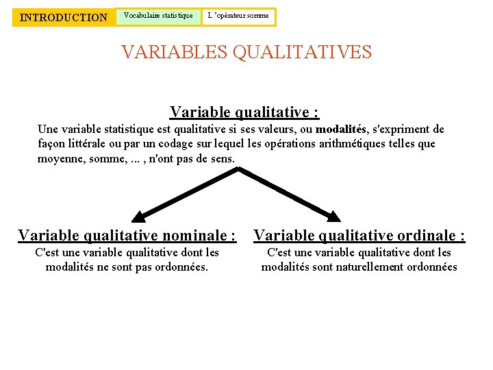 INTRODUCTION Vocabulaire statistique L ’opérateur somme VARIABLES QUALITATIVES Variable qualitative : Une variable statistique