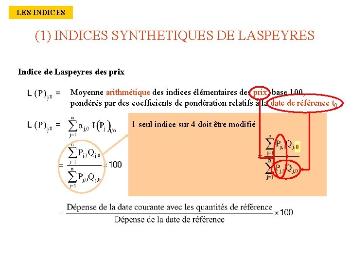 LES INDICES (1) INDICES SYNTHETIQUES DE LASPEYRES Indice de Laspeyres des prix Moyenne arithmétique
