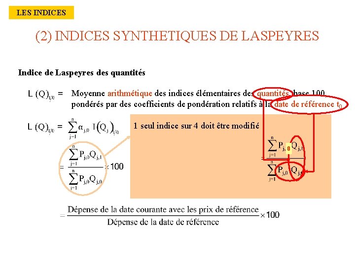 LES INDICES (2) INDICES SYNTHETIQUES DE LASPEYRES Indice de Laspeyres des quantités Moyenne arithmétique