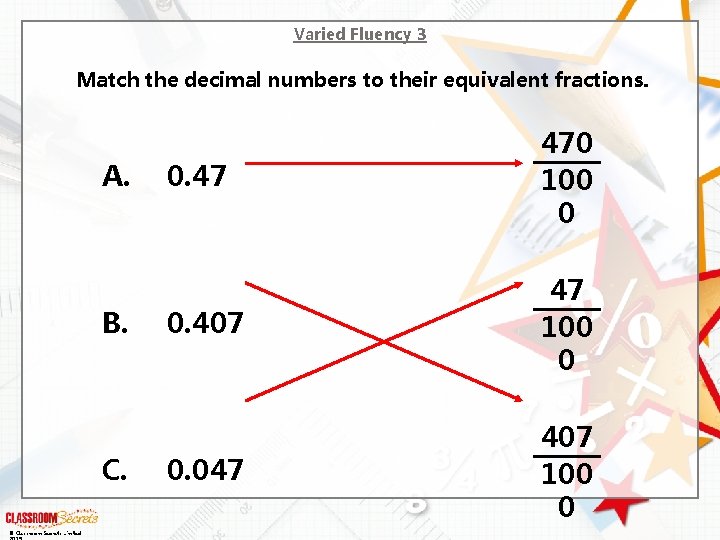 Varied Fluency 3 Match the decimal numbers to their equivalent fractions. A. B. C.