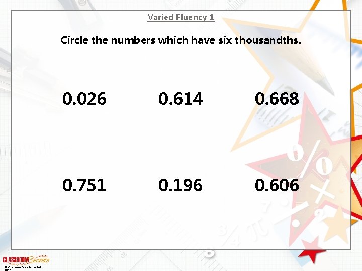 Varied Fluency 1 Circle the numbers which have six thousandths. © Classroom Secrets Limited