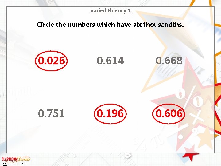 Varied Fluency 1 Circle the numbers which have six thousandths. © Classroom Secrets Limited