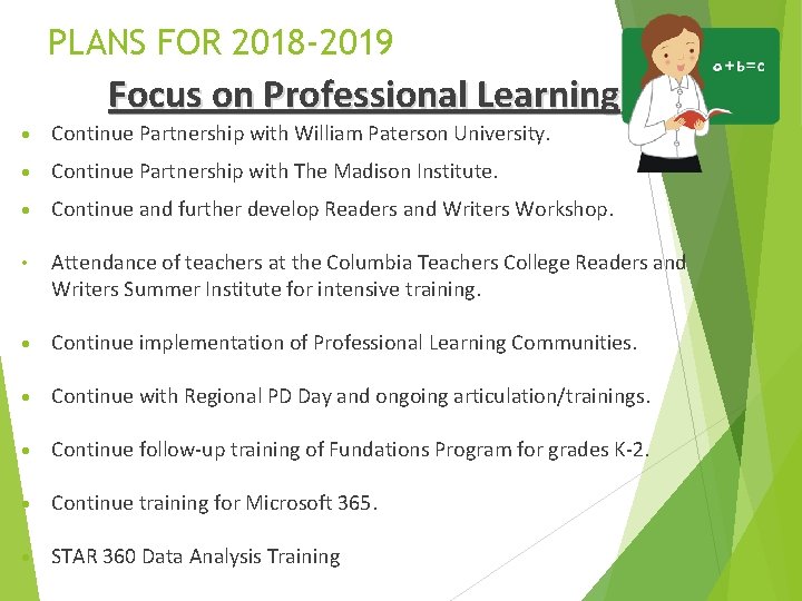 PLANS FOR 2018 -2019 Focus on Professional Learning Continue Partnership with William Paterson University.