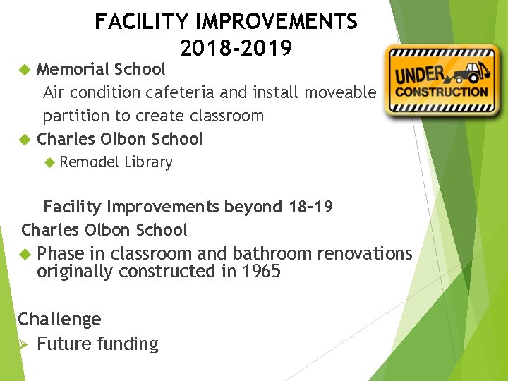 FACILITY IMPROVEMENTS 2018 -2019 Memorial School Air condition cafeteria and install moveable partition to